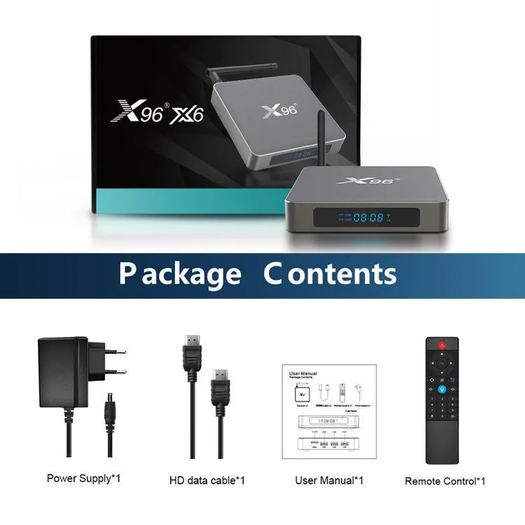 Android smart TV set-top box with remote control, HDMI cable and power adapter.