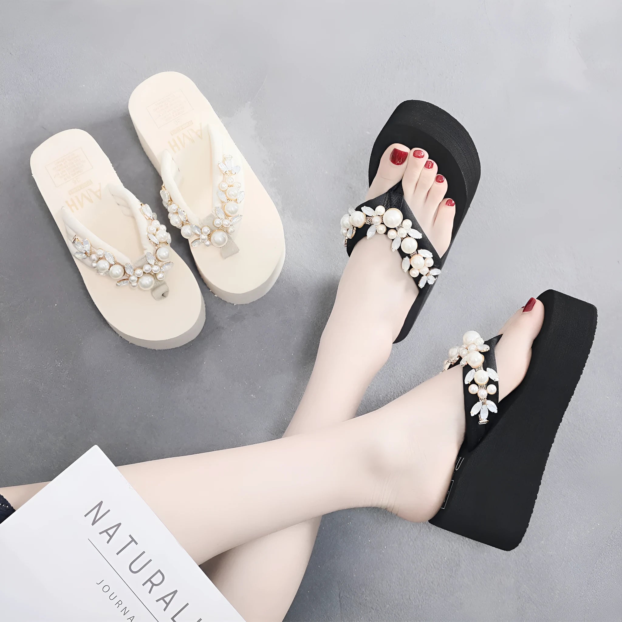 Women's high-heeled flip flops in beige and black with cotton cloth upper, showing casual summer sandal design