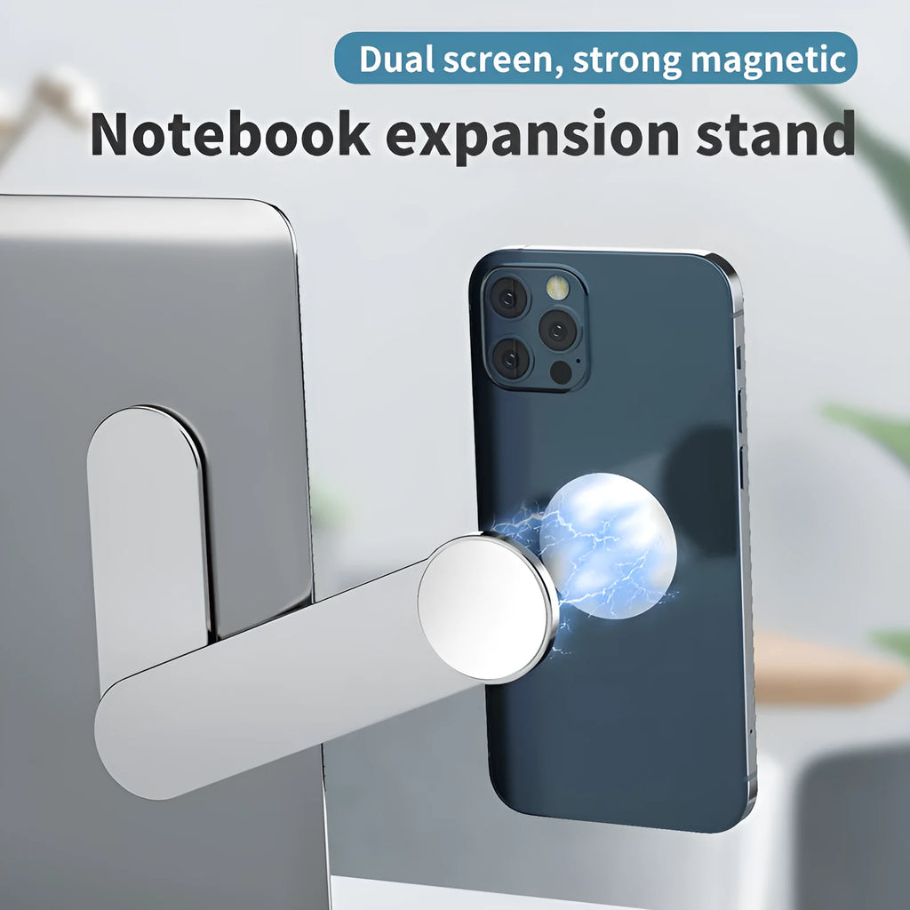 Silver aluminium alloy foldable magnetic dual screen extension bracket holding a mobile phone.