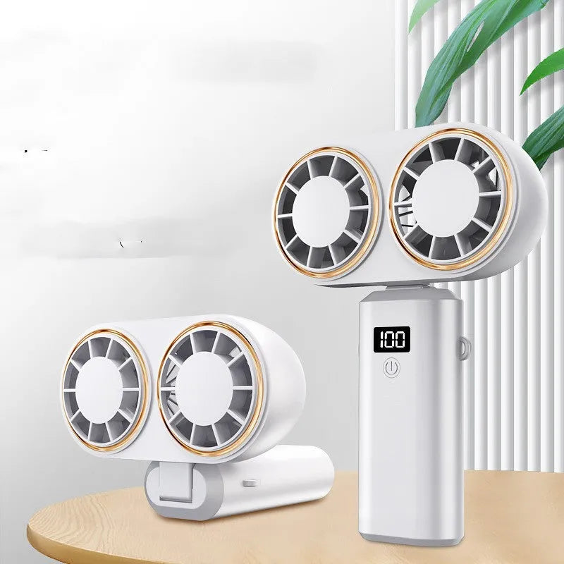 Foldable USB handheld fan with digital display in milky white colour showing battery indicator