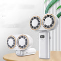 Foldable USB handheld fan with digital display in milky white colour showing battery indicator