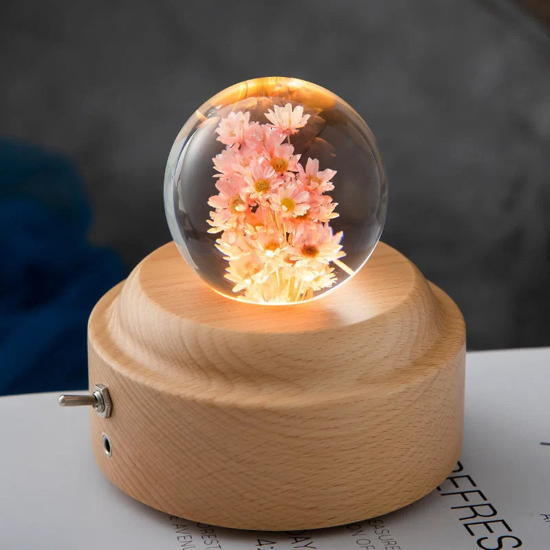 LED Night Light Flower Crystal Ball with wooden base, perfect for children's bedrooms