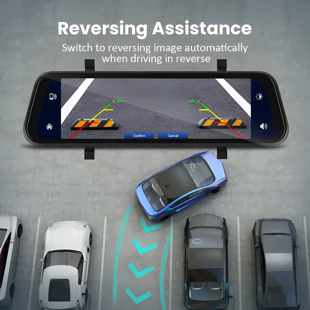 9.66-inch HD in-mirror car dash cam and video player with reverse camera and mounting brackets