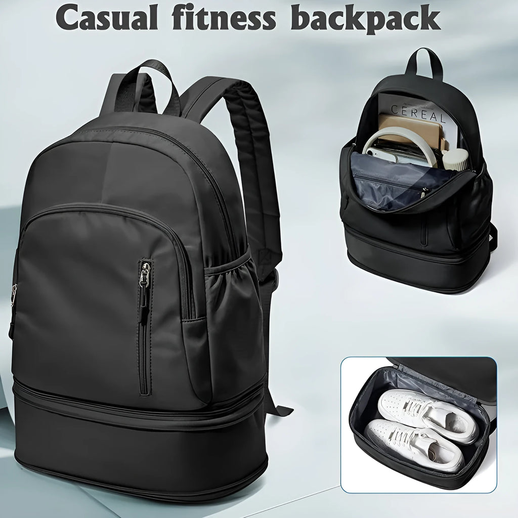 Waterproof 20-35L polyester backpack in black with adjustable curved shoulder straps