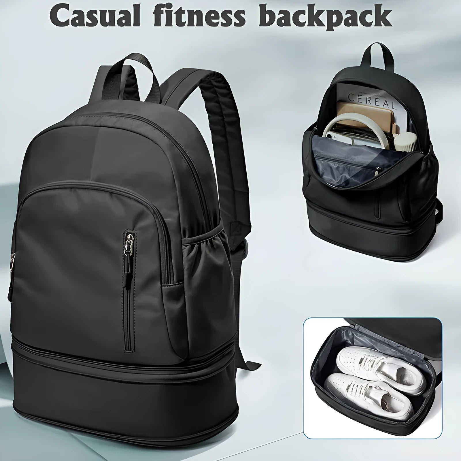 Waterproof 20-35L polyester backpack in black with adjustable curved shoulder straps