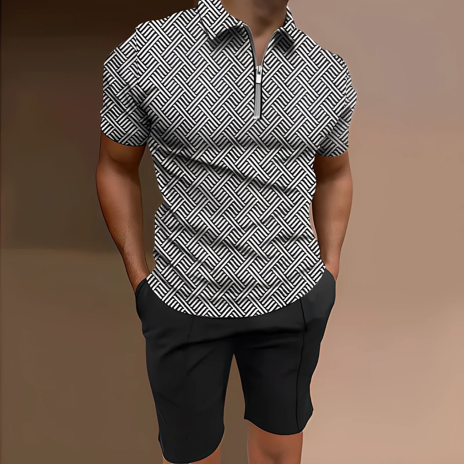 Men's printed polyester two-piece set comprising short sleeve top and matching shorts in casual colours