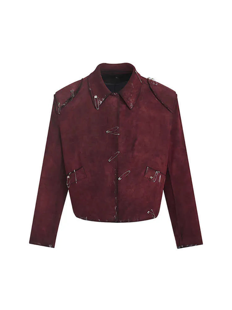 Men's red thick quilted jacket with fluffy flocking decorative pins and lapel collar
