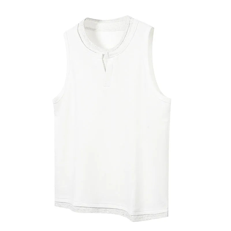 Loose cotton sports vest in black with straight hem, front view, summer fashion brand