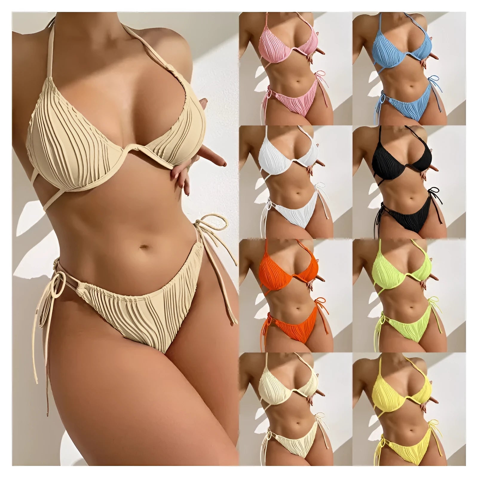 Women's steel bracket bikini swimsuit in polyester fabric showing colour options