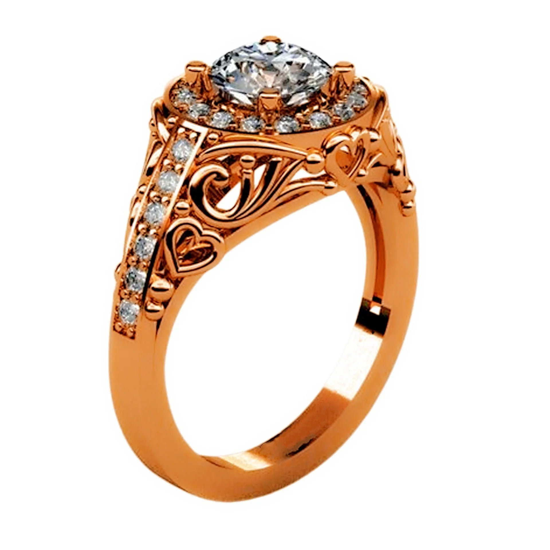 Love Texture heart-shaped zircon ring on copper base with electroplated white gold finish, US size 7
