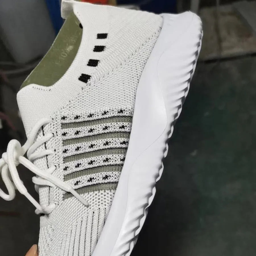 Women's white casual flyknit wedge lace-up mesh shoes with round toe and low top