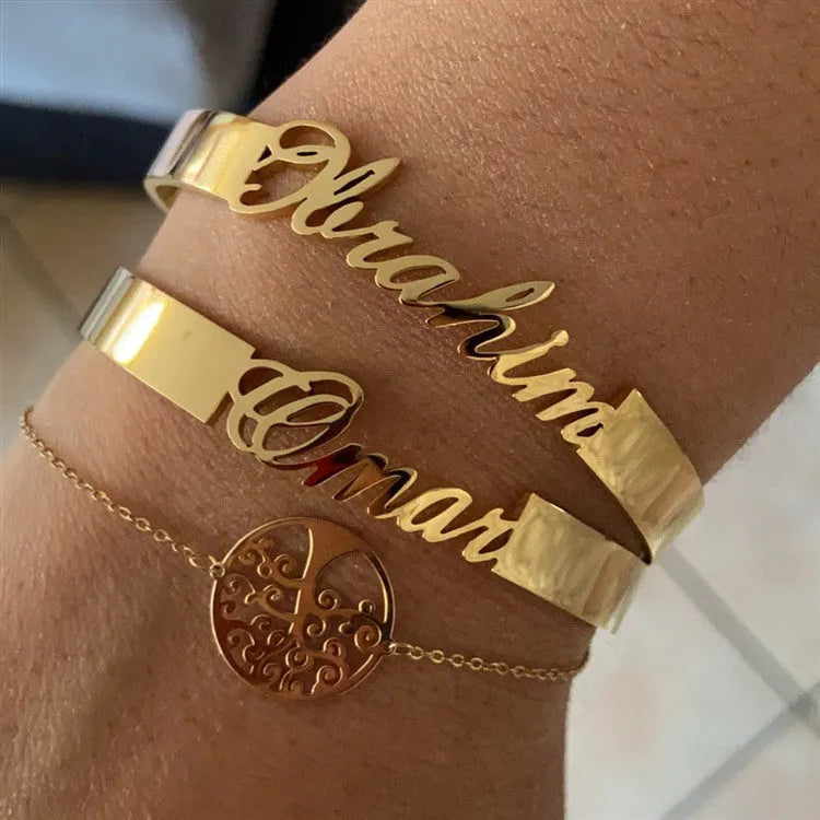 Custom name bracelet in stainless steel, silver finish, medium width, personalised engraving