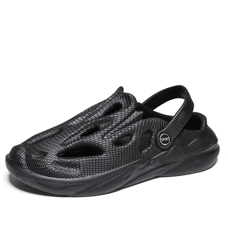 Men's hollow cut-out EVA slip-on shoes in sand colour, side view, with round toe and flat sole