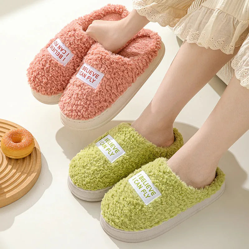 Letter design thick sole fluffy slippers in dark grey with plush upper and PVC sole for non-slip winter use