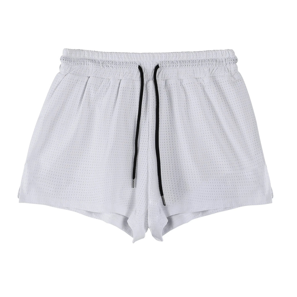 Men's black nylon quick-dry summer shorts laid flat, showing mid-waist and shorts length.
