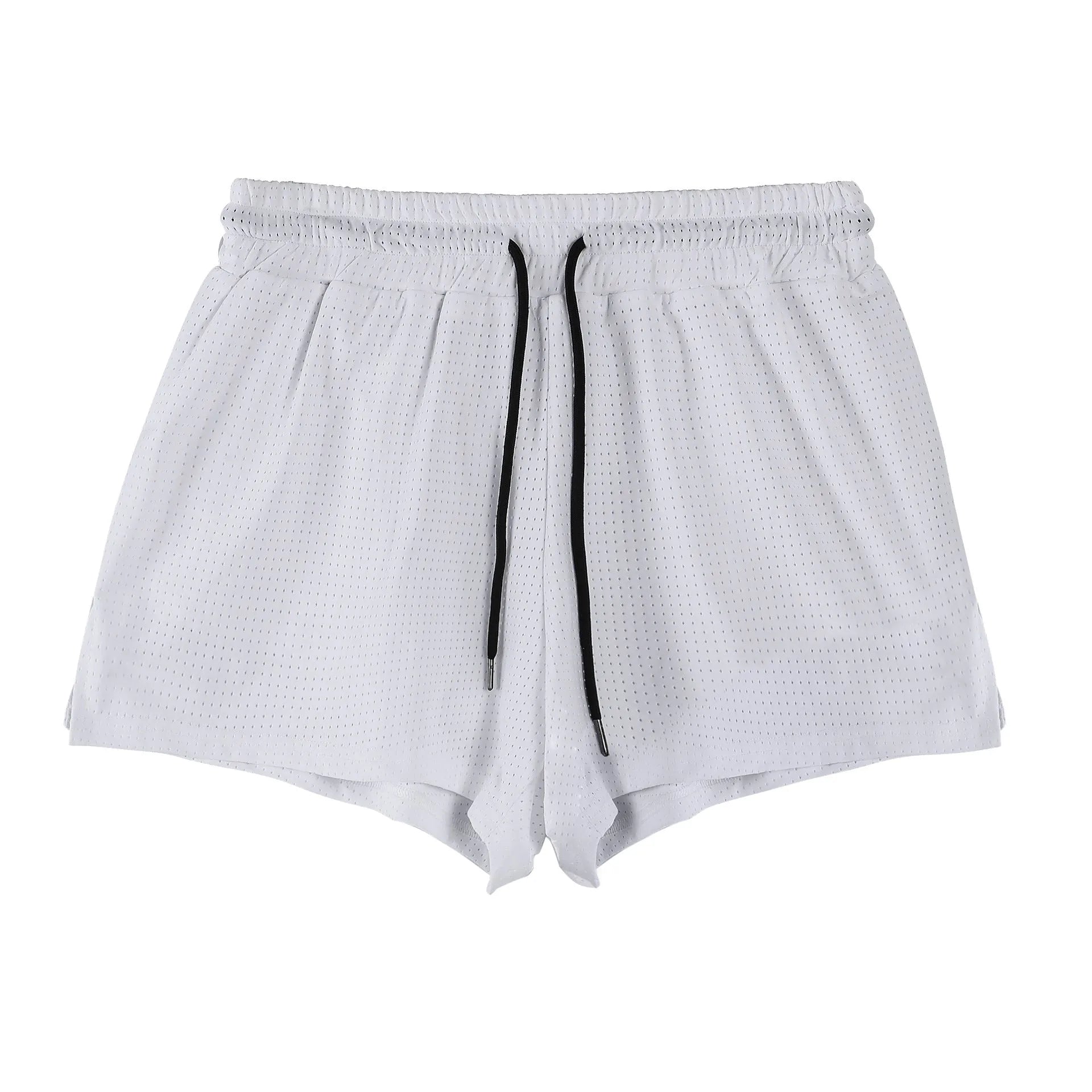 Men's black nylon quick-dry summer shorts laid flat, showing mid-waist and shorts length.