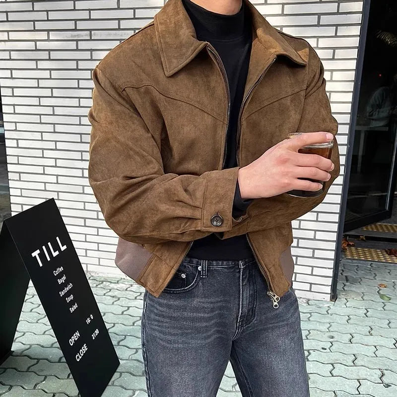 Loose fit Hong Kong style short jacket in brown suede fabric with lapel collar, front view