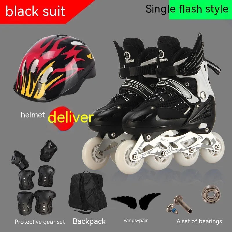 Colourful adjustable children's roller skates with protective helmet and gear set on a backpack