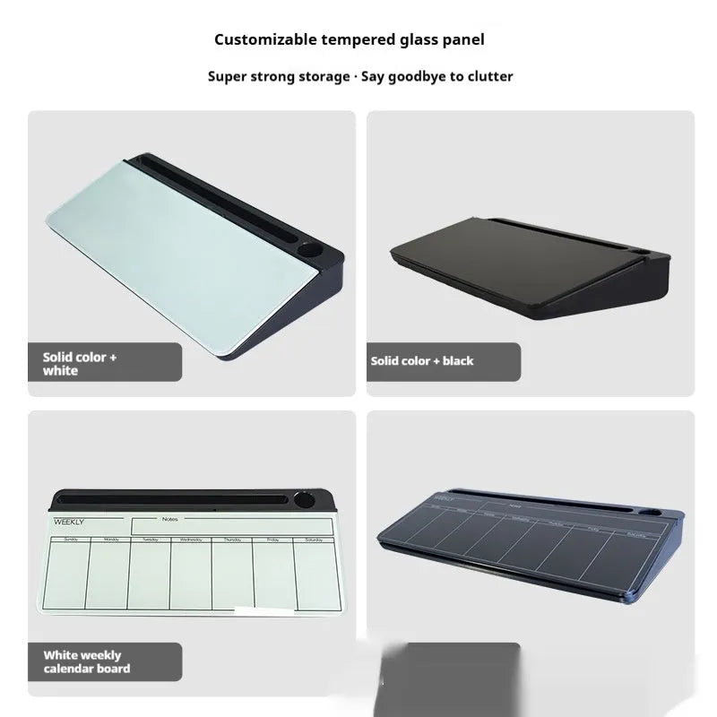 Black desktop glass whiteboard 18x40cm with smooth erasable surface for writing memos