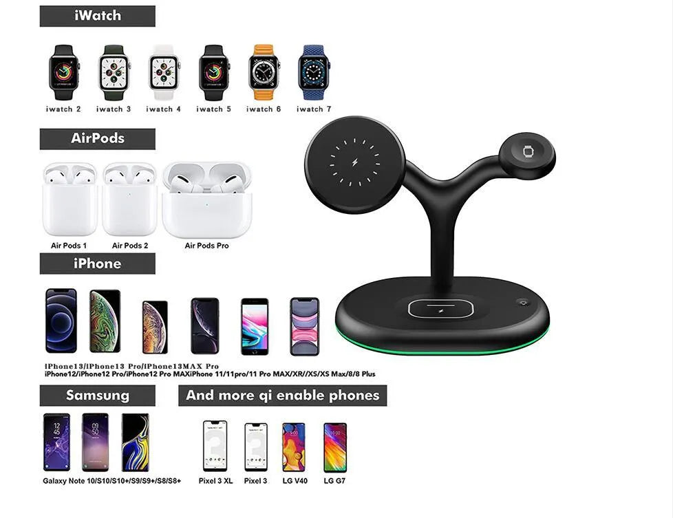 Black magnetic three-in-one wireless charging stand with vertical phone orientation and included TYPE-C cable