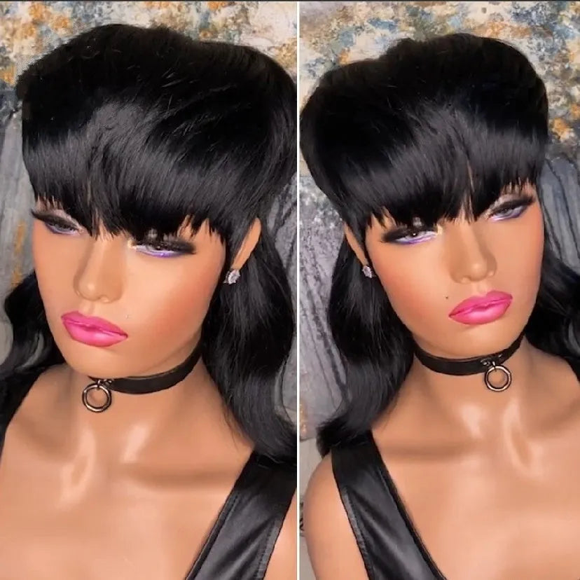 Brazilian black wig with bangs, short front and long back layers, made from synthetic high-temperature fibre.