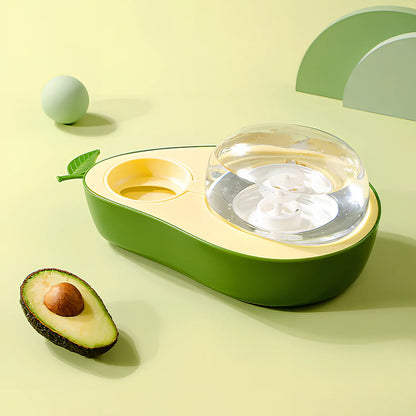 Avocado-shaped pet feeder with automatic water dispenser and separate food bowls in moonlight grey