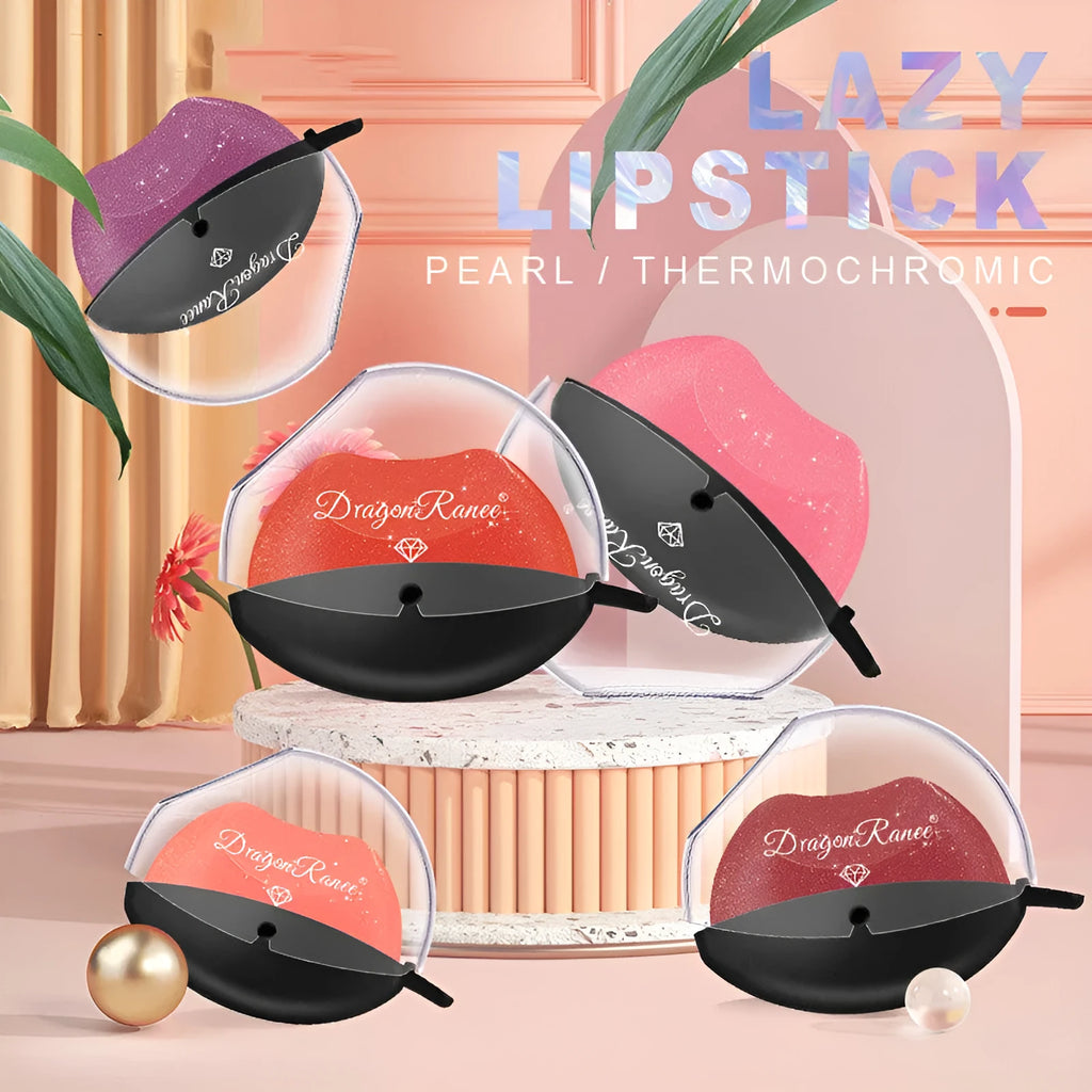 Lazy Lips pearlescent glitter lipstick in DR01 to DR12 shades, 9.8g non-stick cup formula