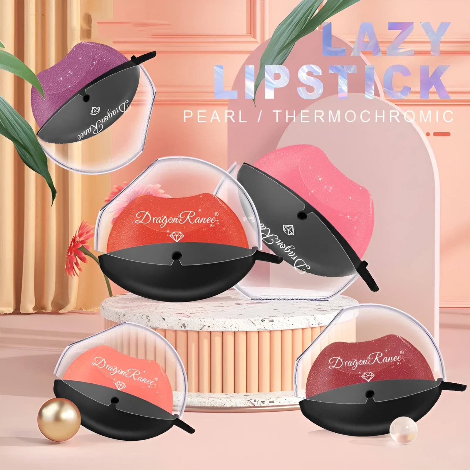 Lazy Lips pearlescent glitter lipstick in DR01 to DR12 shades, 9.8g non-stick cup formula