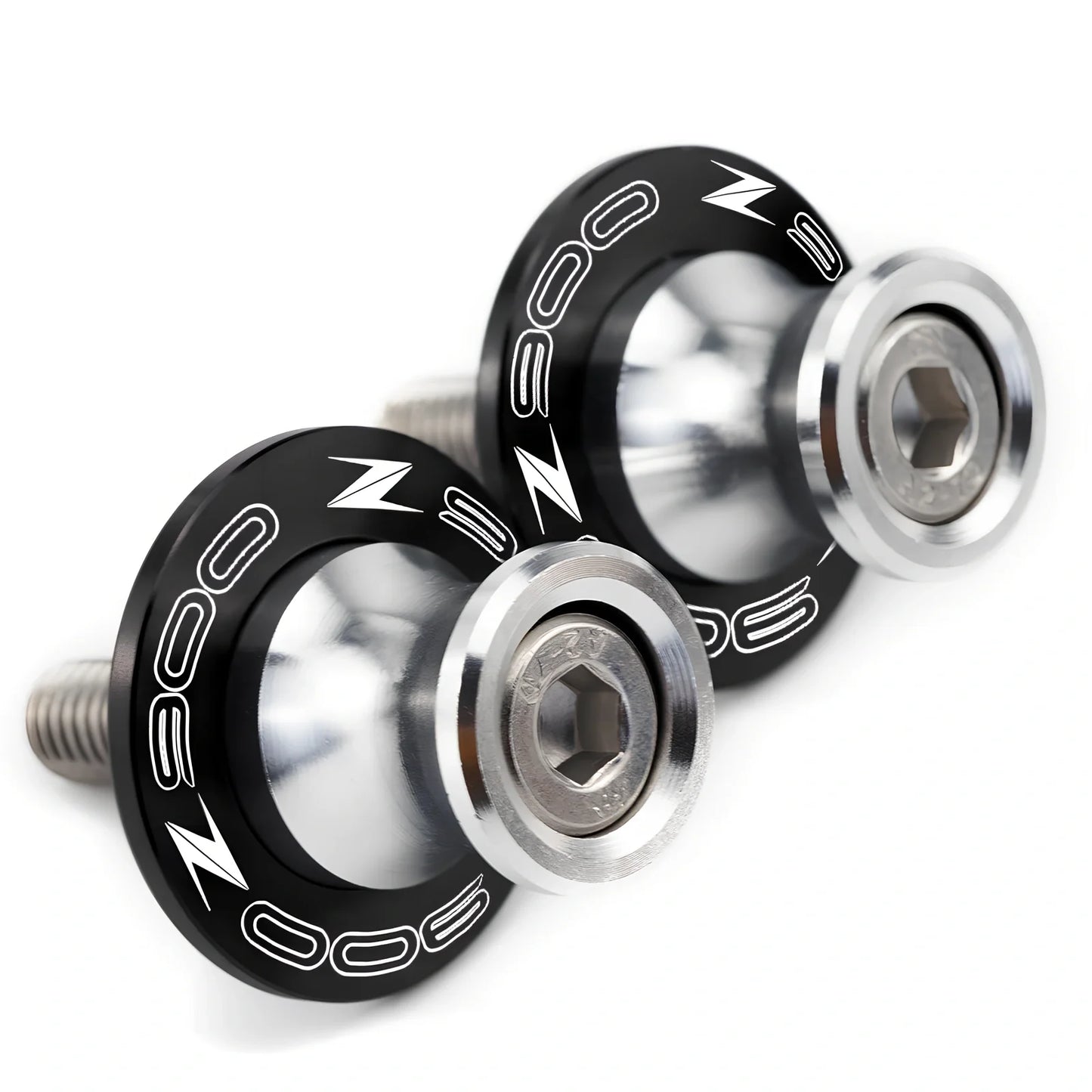 Pair of 8mm CNC aluminium swingarm spools sliders in titanium for Kawasaki Z650 Z900, with Delrin contact and stainless bolts
