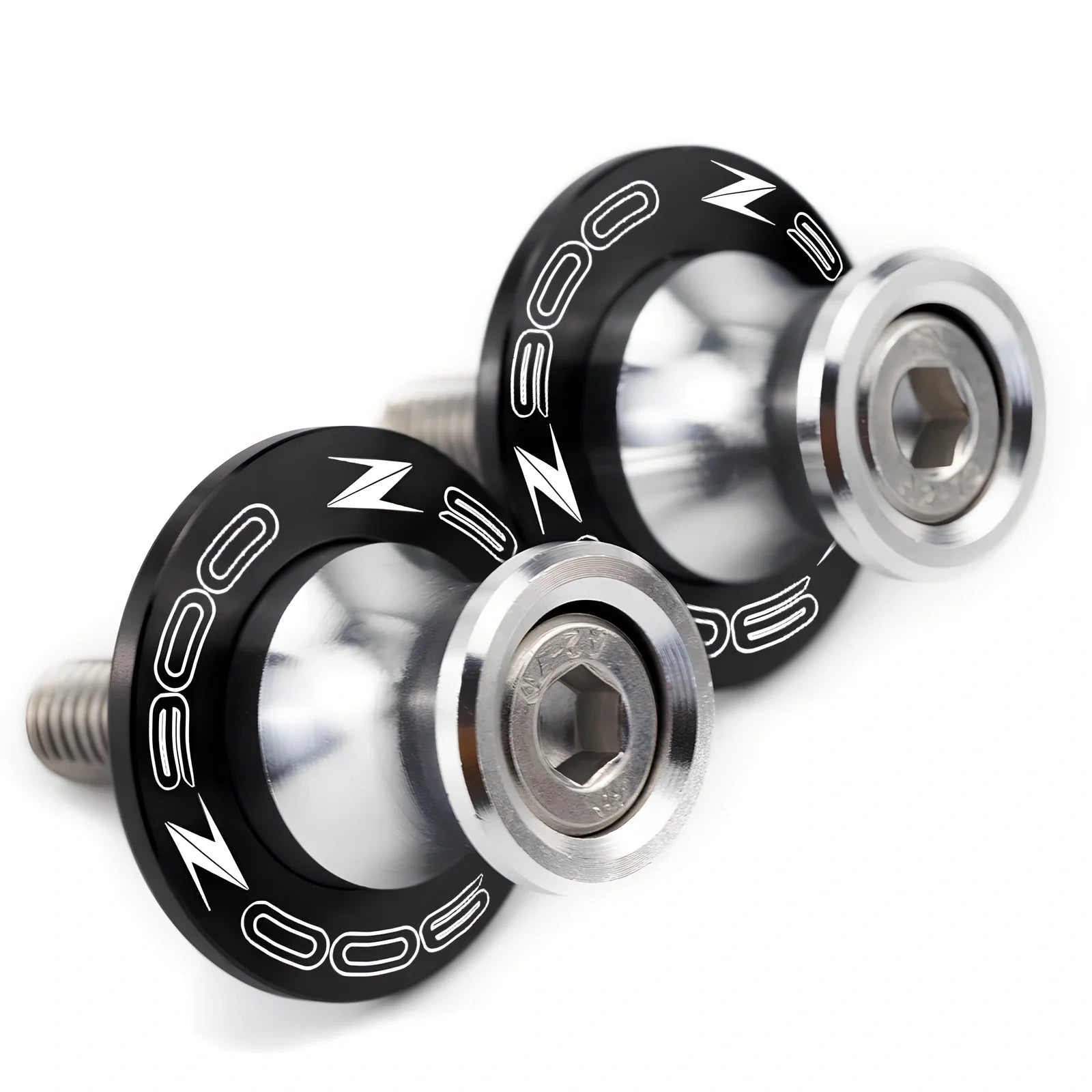 Pair of 8mm CNC aluminium swingarm spools sliders in titanium for Kawasaki Z650 Z900, with Delrin contact and stainless bolts