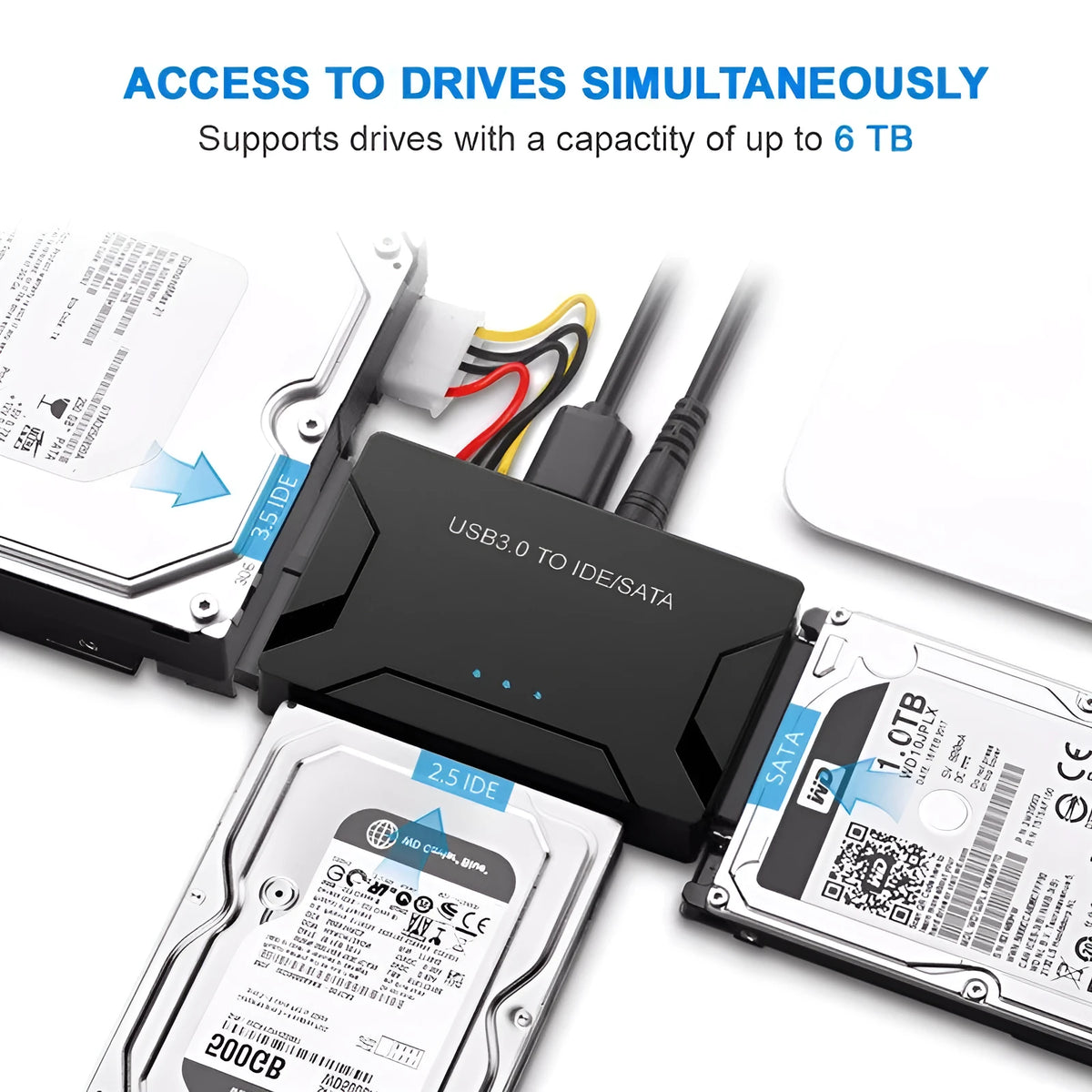 USB to IDE multifunctional converter adapter with SATA and IDE ports, power supply, and cables