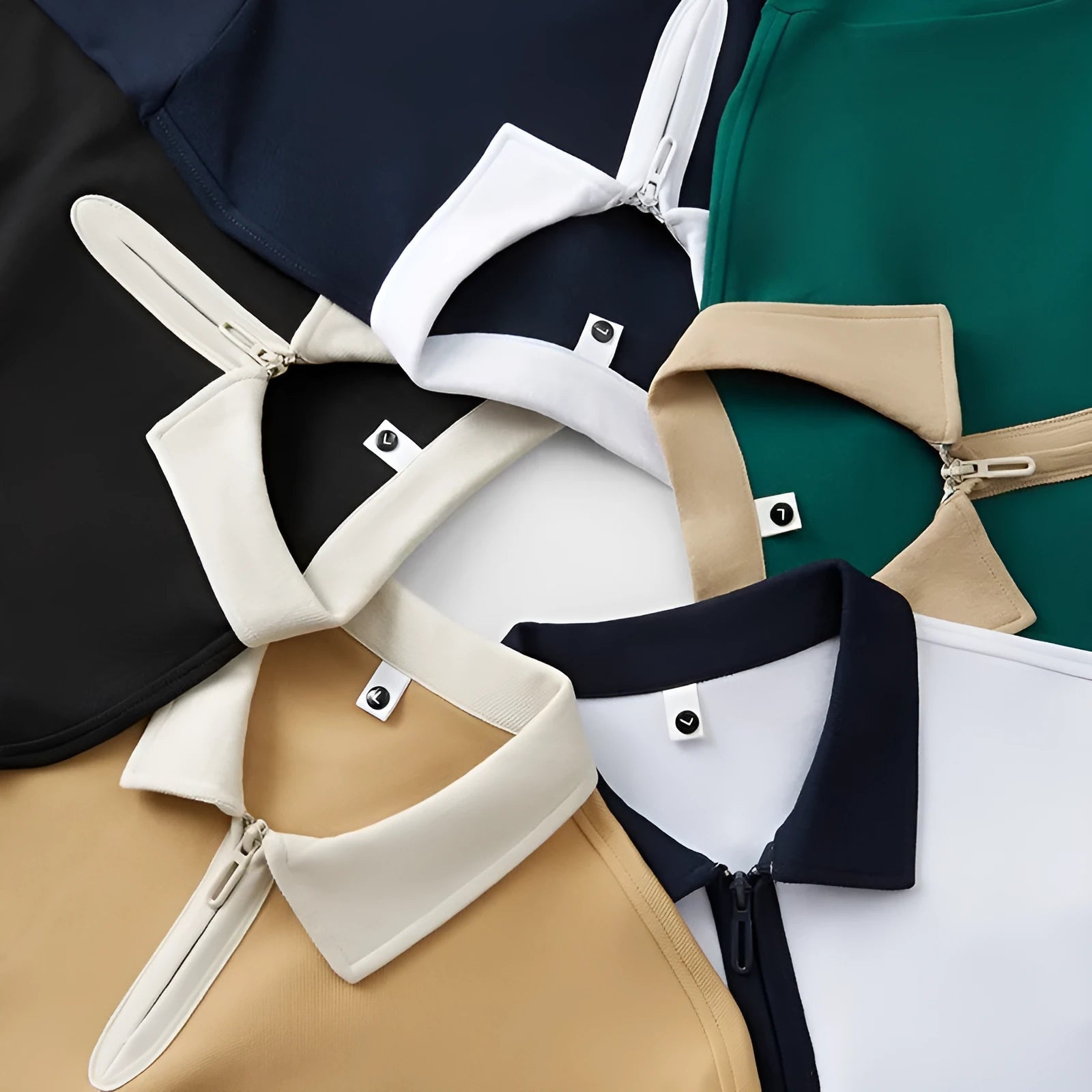 Loose fit navy blue zip and lapel polo shirt on a hanger