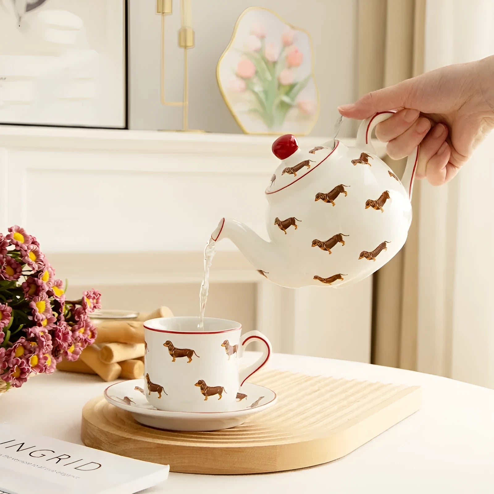 Ceramic sausage dog teapot mug cup and saucer three-piece set with strainer