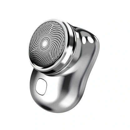 Compact electric mini shaver in cool silver with floating cutter head, 65.8 x 46 x 42mm size, rechargeable for 60+ minutes use