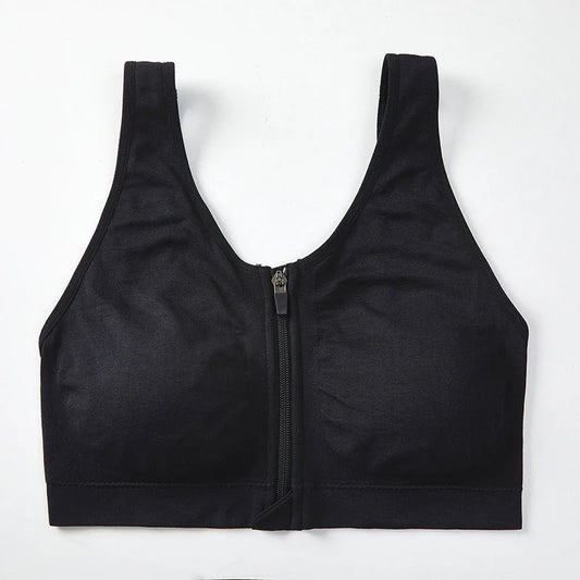 Front zipper sports bra in black with shockproof support and beauty back design