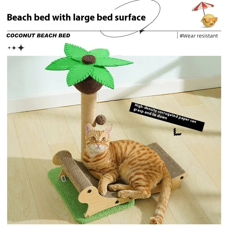 Wooden beach chair-shaped cat climbing frame with integrated hemp scratch mat.