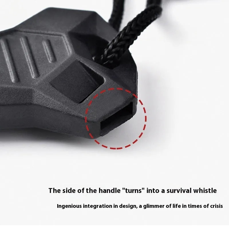 Black outdoor multifunctional flint tool with magnesium rod, steel scraper, whistle, and bottle opener.