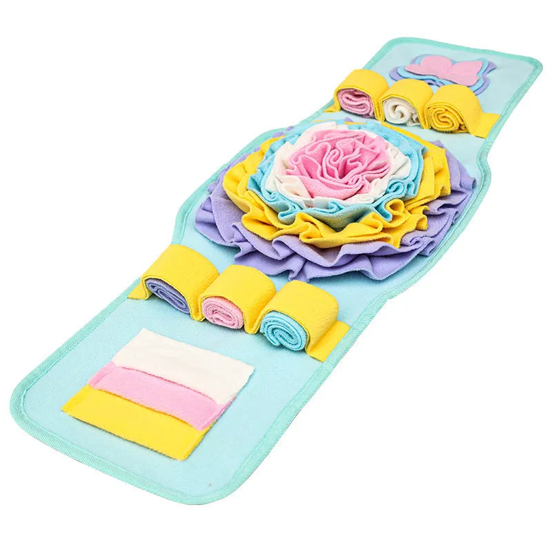Blue and yellow watch-style pet sniff mat with fleece strips for slow feeding and nosework training