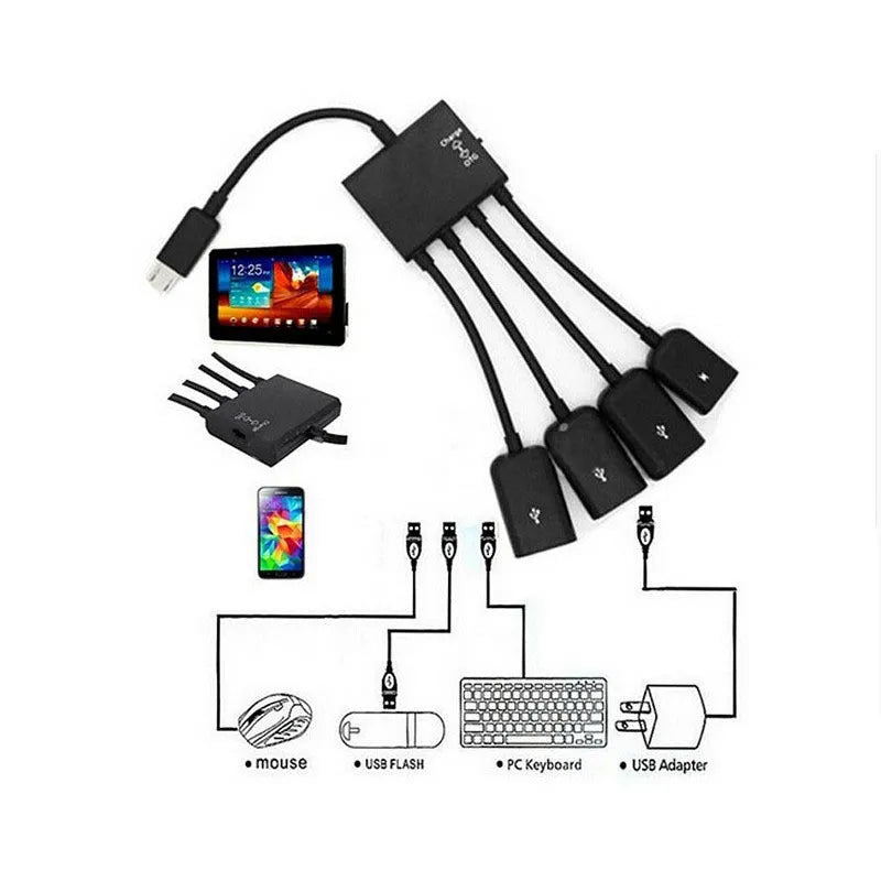 Black micro USB OTG one-to-four multi-port adapter with switch and 0.25m cable