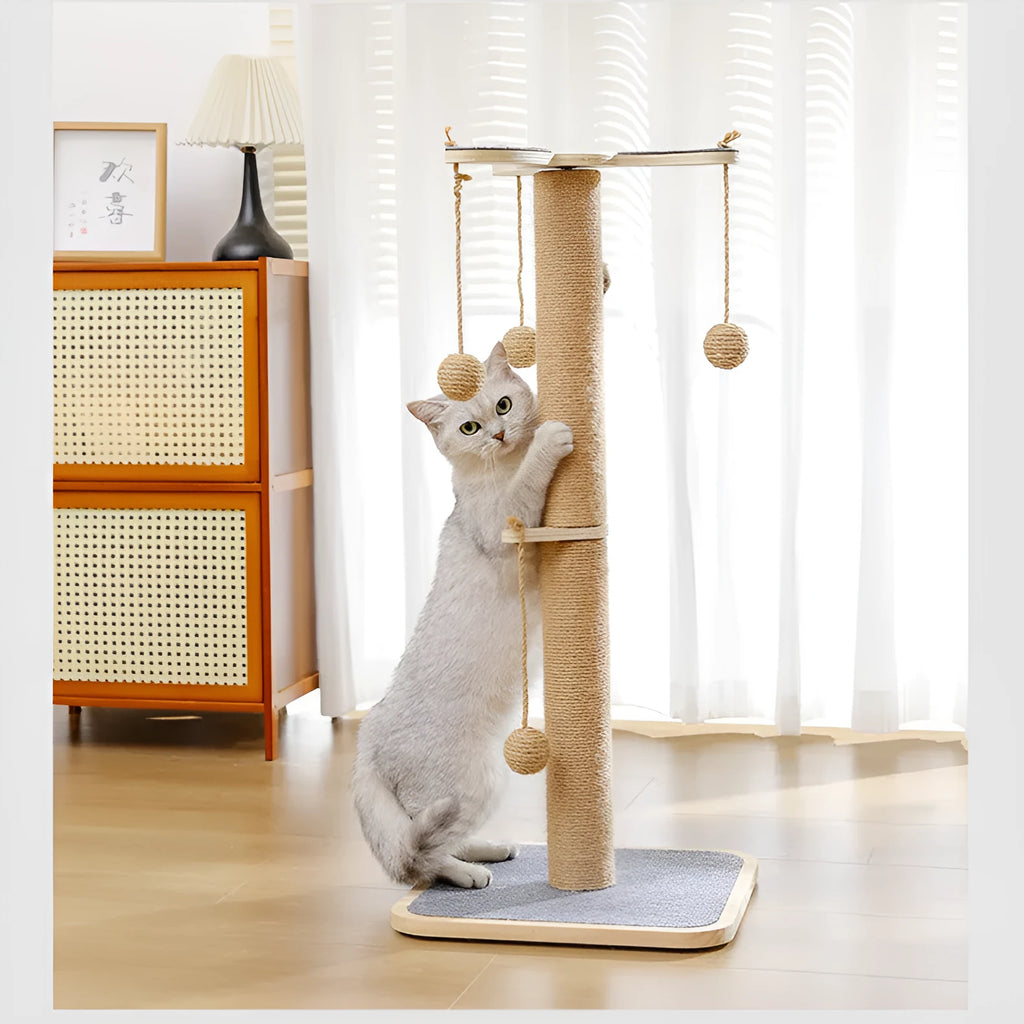 Windmill design cat climbing frame with a hanging scratch-resistant ball on a pine wood structure.