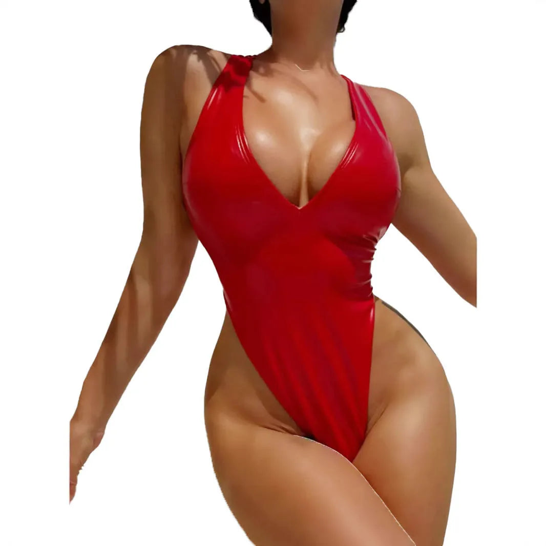 Red sleeveless backless high waist tight jumpsuit for women in polyester fabric