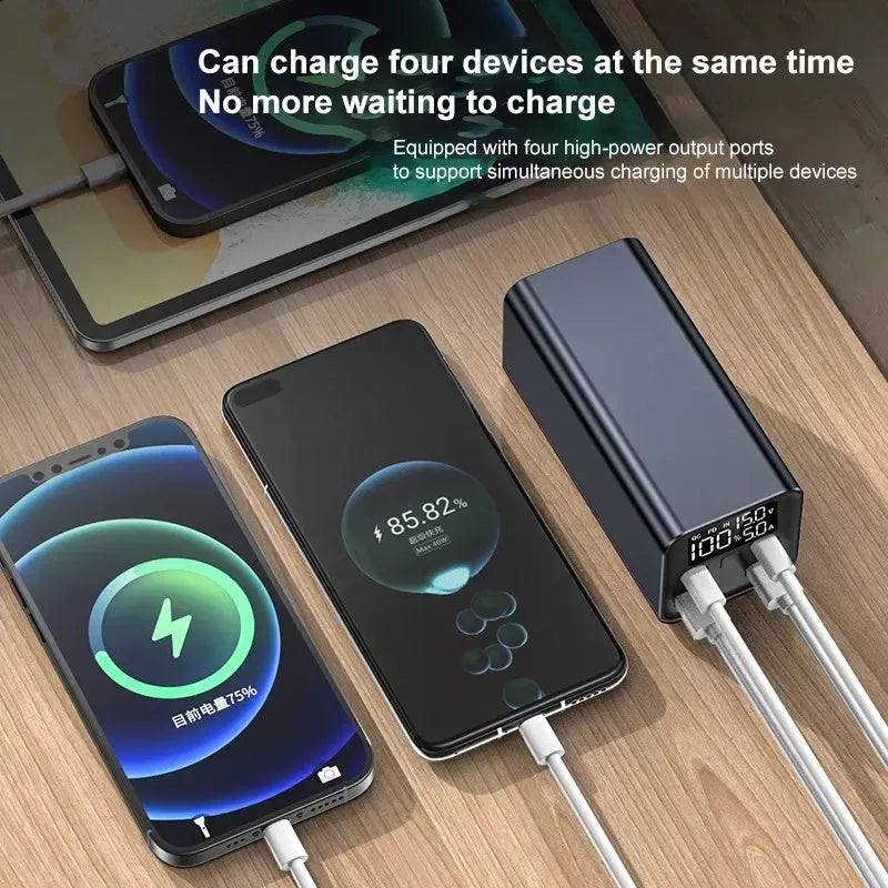 Black high‑power 65W 20000mAh metal laptop charging bank showing its size and ports.