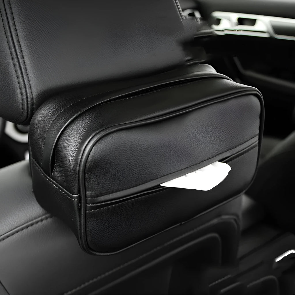 Black PU leather hanging storage box with paper bag design, shown suspended.