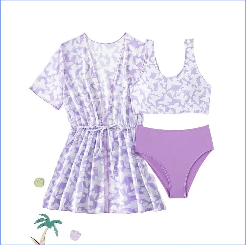 Girls' three piece split swimsuit cover print set in polyester for swimming.