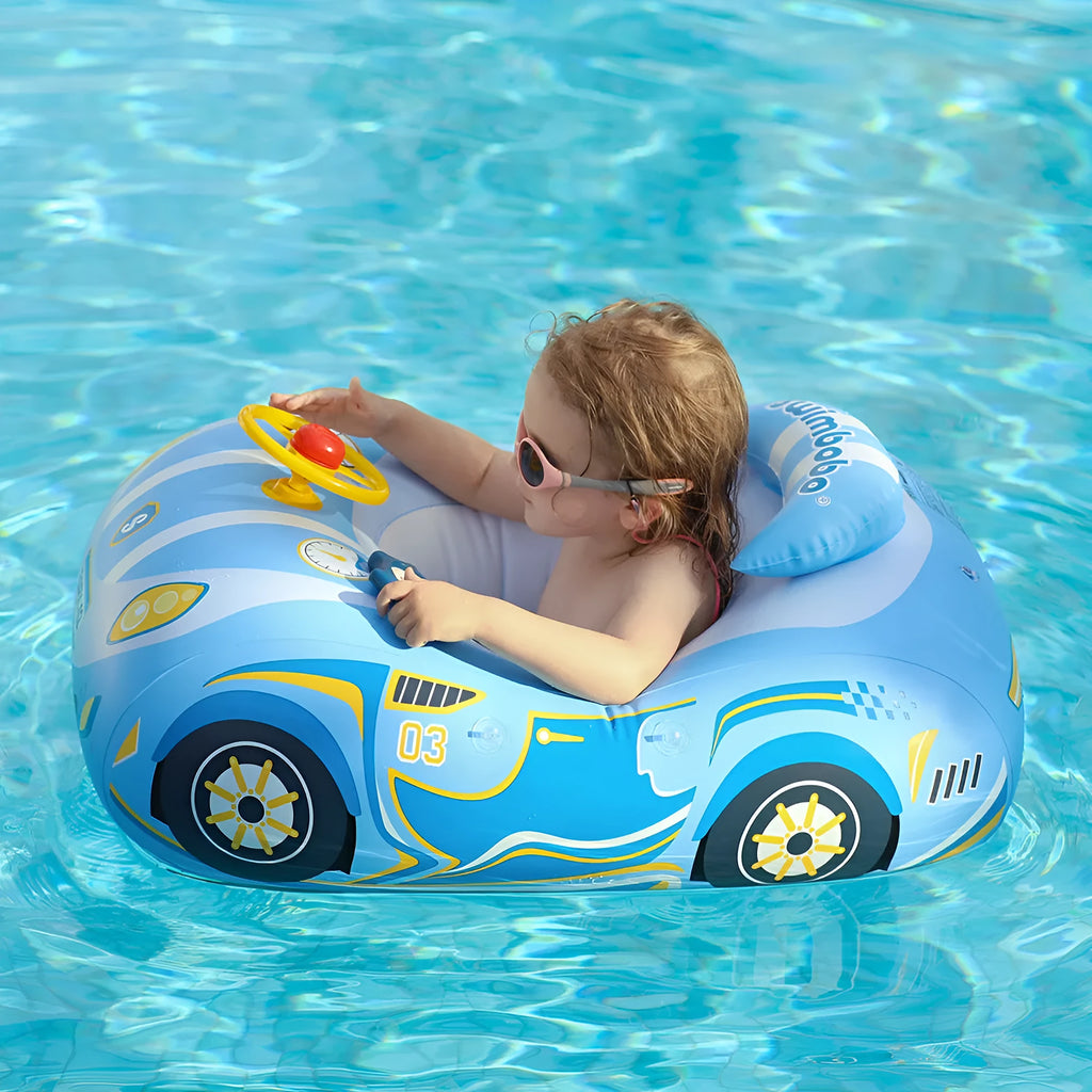 Pink inflatable swimming ring with cartoon sports car design for children's swimming