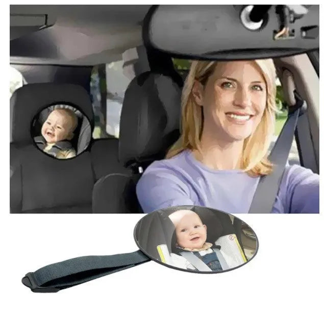 Black universal baby safety seat rearview mirror with 17cm glass and locking ribbon