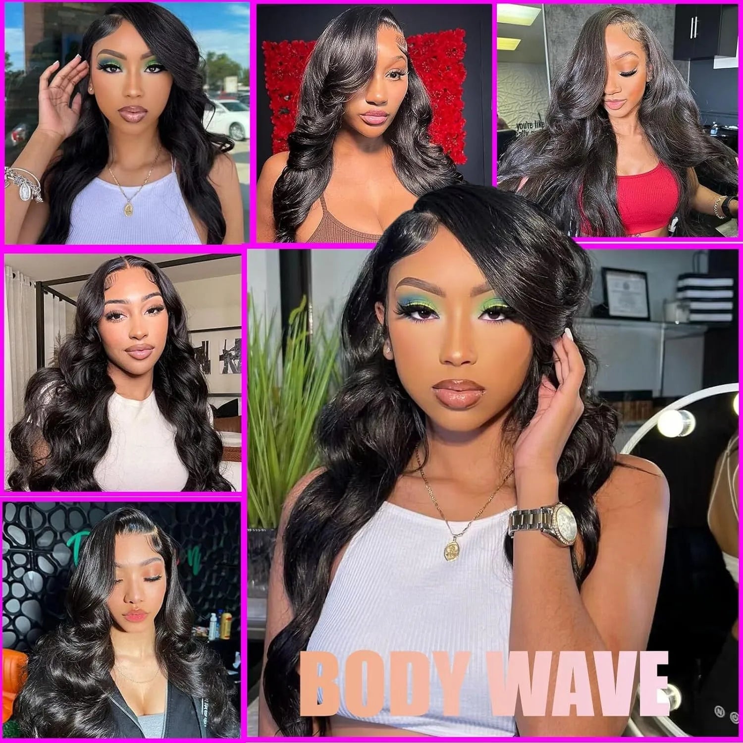 A black, medium-long curly wave full-head synthetic wig for ladies on a stand.