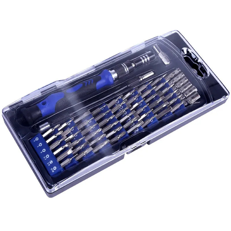 80-in-one multi-function screwdriver set with chrome vanadium steel bits, magnetic handle, and prying tools on a grey background
