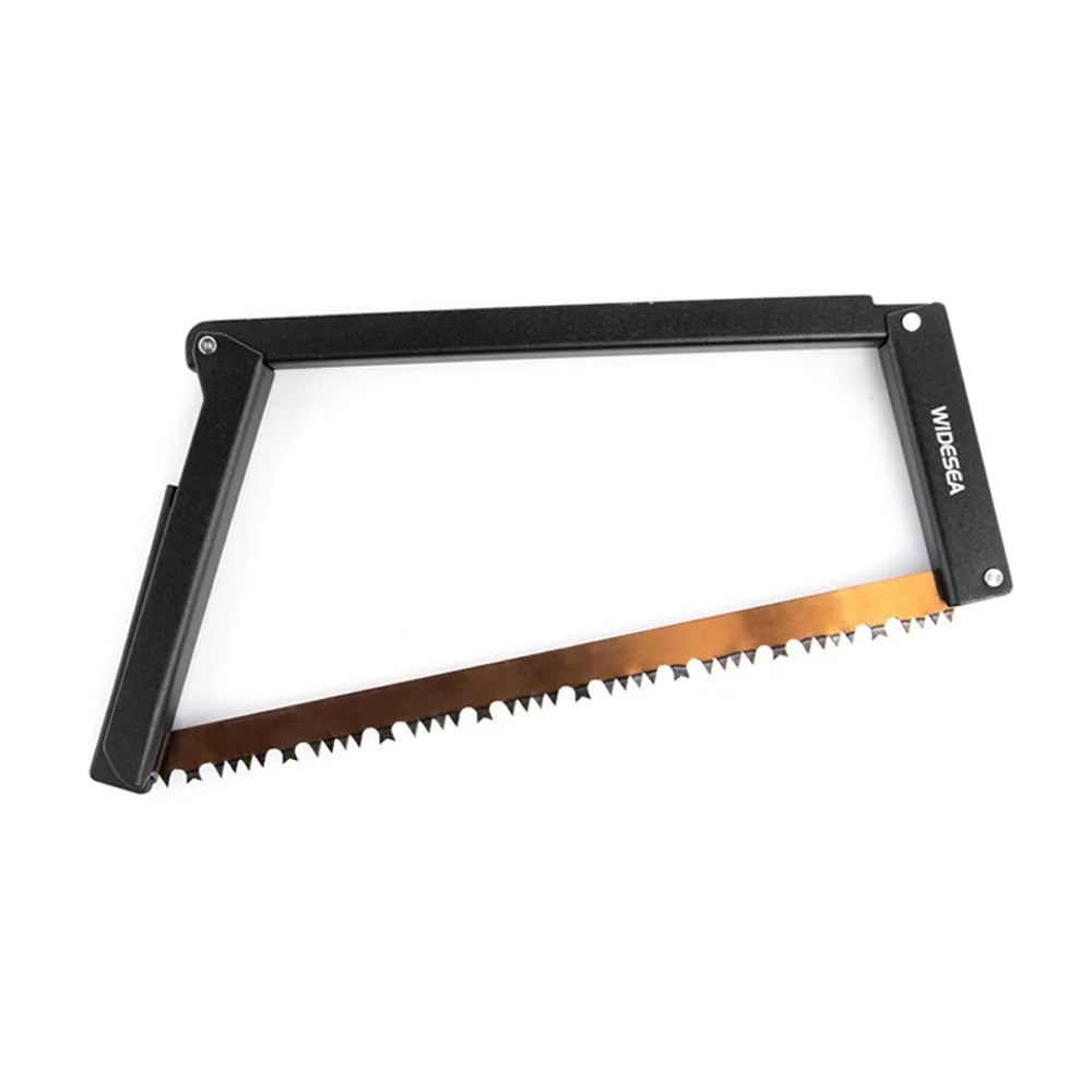 Black outdoor foldable saw with aluminium and nylon handle shown in open cutting position