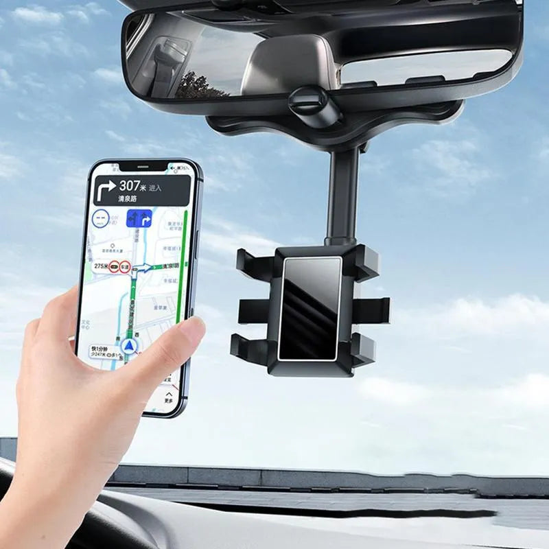 Black rearview mirror car phone holder with four-claw grip and adjustable arm mounted on a car mirror.